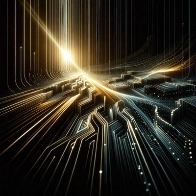 The primary subject of the image is a futuristic, digital art-like scene featuring a long, brightly lit tunnel with a series of lights and wires. The setting is a dark, futuristic environment, and the visual style is a combination of digital art and illustration. The colors and mood of the image are predominantly dark and futuristic, with the bright lights and wires creating a contrasting and dynamic atmosphere.